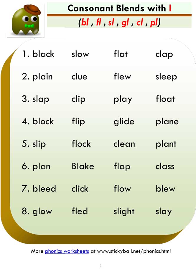 Consonant Blends bl Cl Fl Gl Pl Sl Word List And Sentences